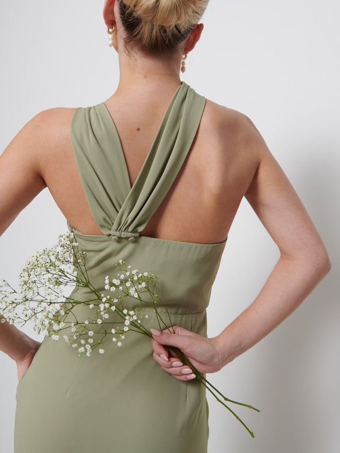 Taylor Is 5'9" & Wears Size UK 8|Milly Chiffon Bridesmaid Dress - Olive