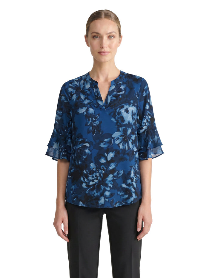 Petite Mixed-Media Flutter Sleeve Top, Blue Night Multi | Kasper