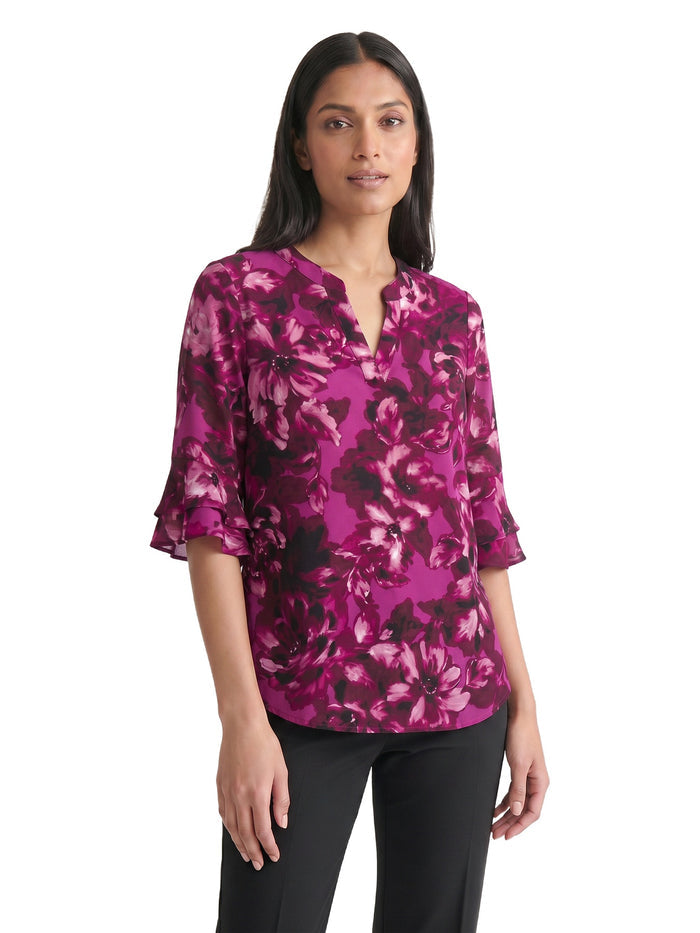 Petite Mixed-Media Flutter Sleeve Top, Cerise Multi | Kasper