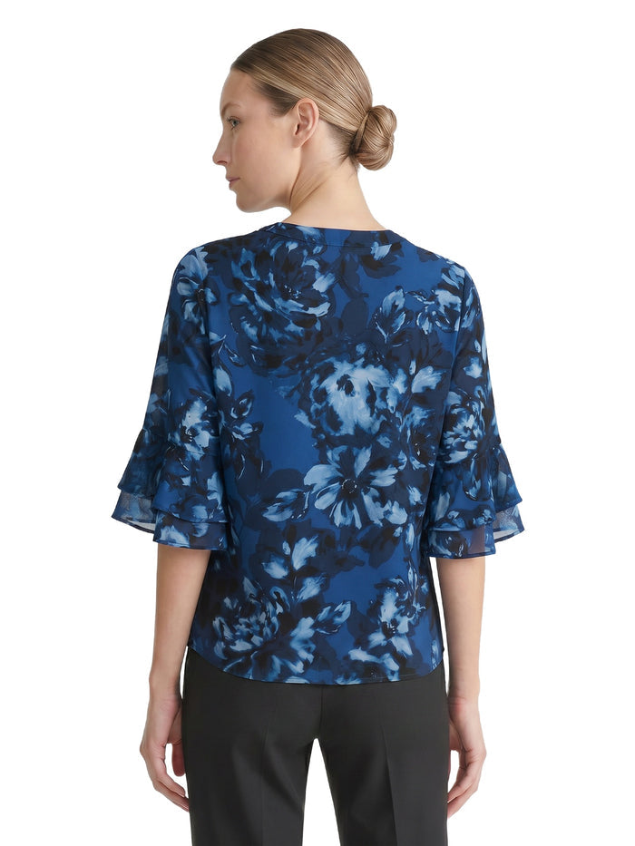 Petite Mixed-Media Flutter Sleeve Top, Blue Night Multi | Kasper