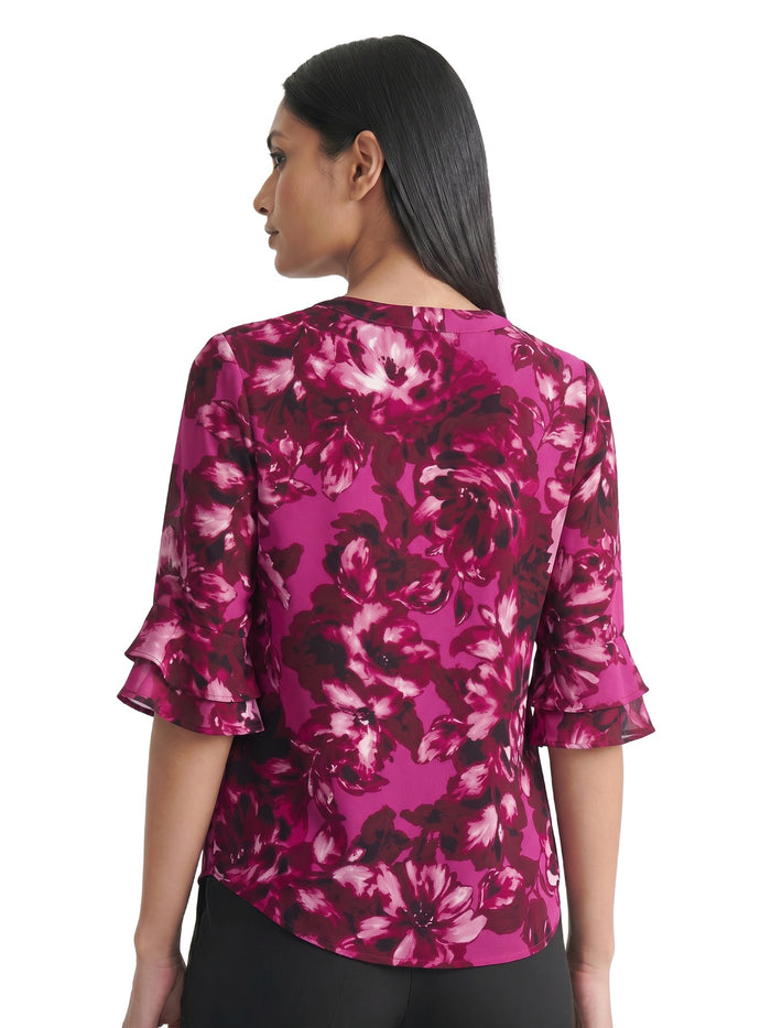 Petite Mixed-Media Flutter Sleeve Top, Cerise Multi | Kasper