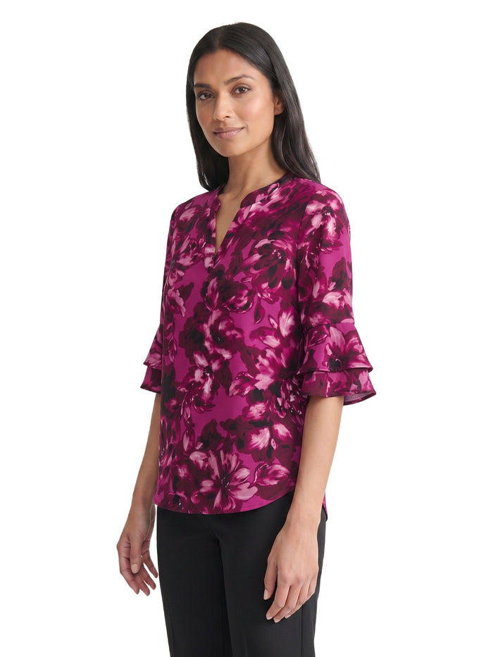 Petite Mixed-Media Flutter Sleeve Top, Cerise Multi | Kasper