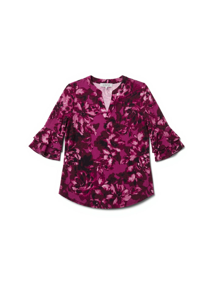 Plus Mixed-Media Flutter Sleeve Top, Cerise Multi | Kasper