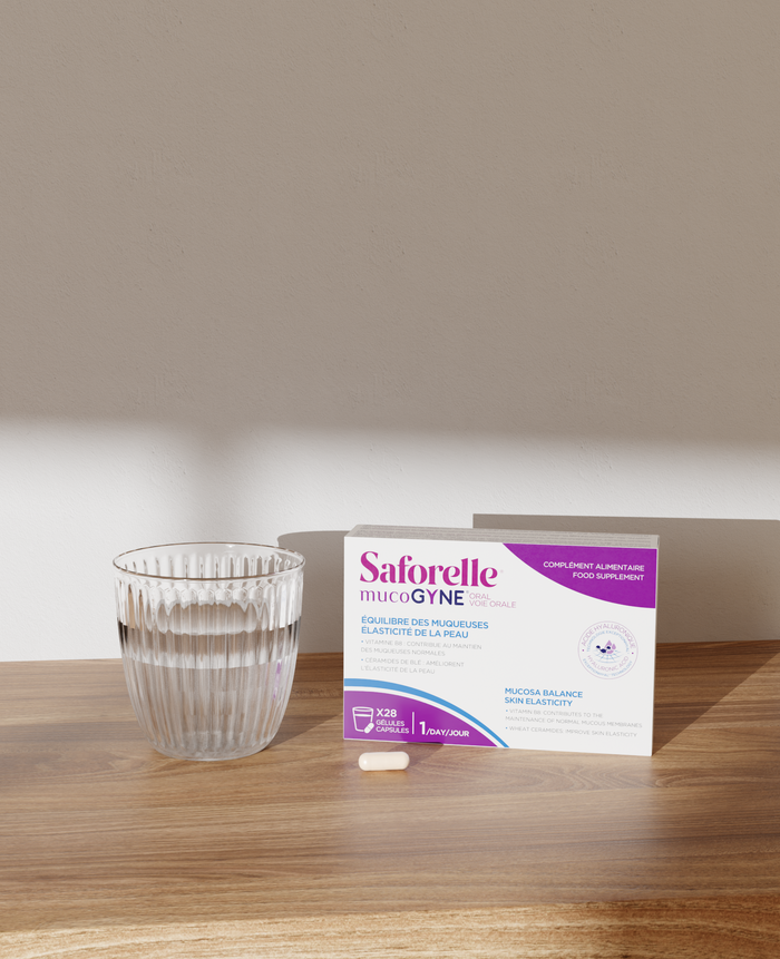 Complément alimentaire Saforelle Mucogyne 28 gélules voie orale pour le maintien des muqueuses normales et une meilleures élasticité de la peau