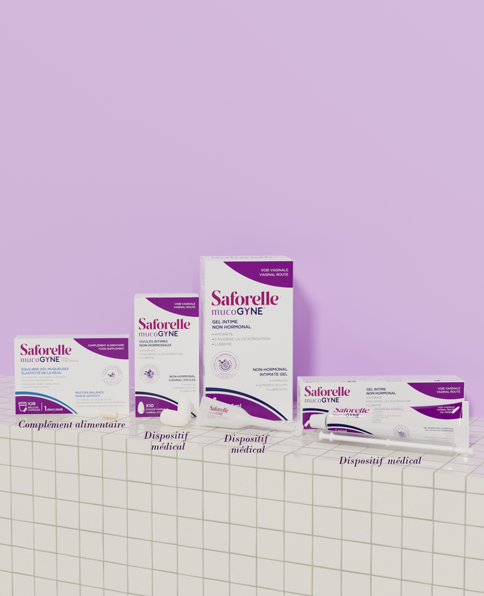 Produits Saforelle Mucogyne pour la sécheresse vaginale, l'hydratation et le confort intime féminin