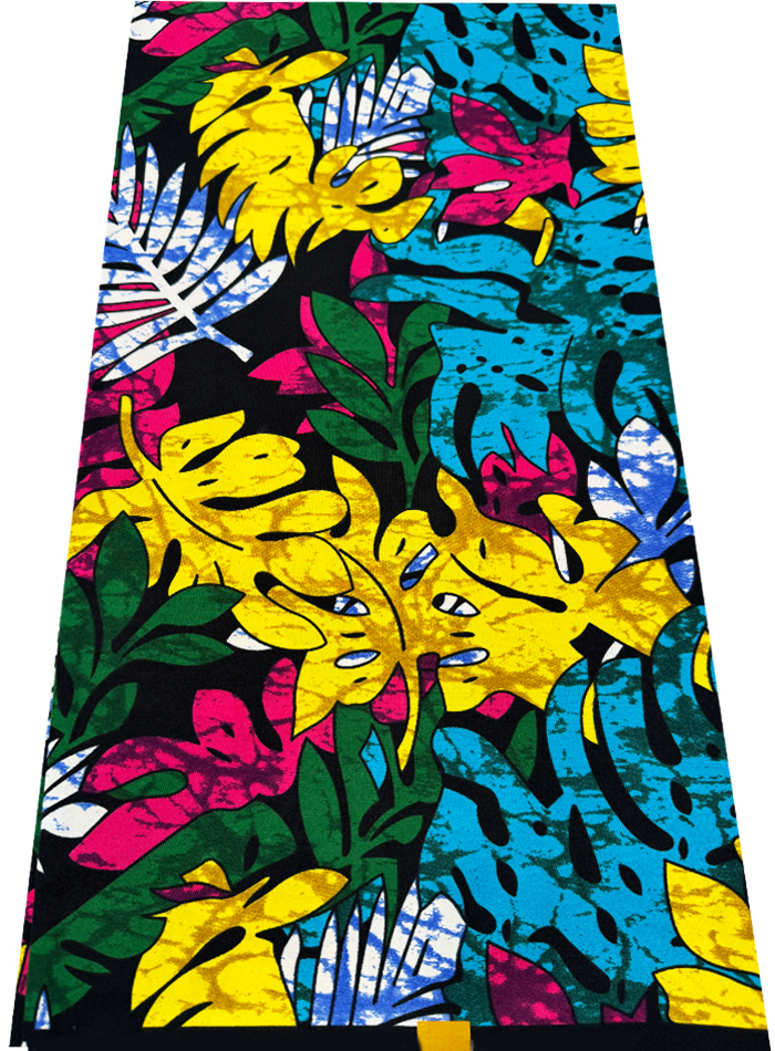 Colorful floral African patterned fabric with yellow, blue, green, and pink colors on a black background.
