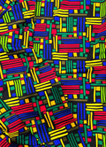 A multicolored geometric patterned stretch fabric.