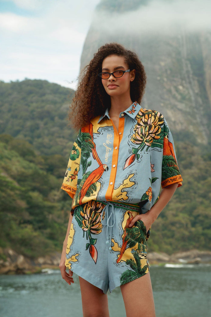 FARM Rio model wearing the Multicolor Beaches Path Buttoned Shirt