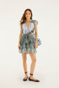 FARM Rio model wearing the Multicolor Countryside Landscape Belted Ruffled Mini Dress