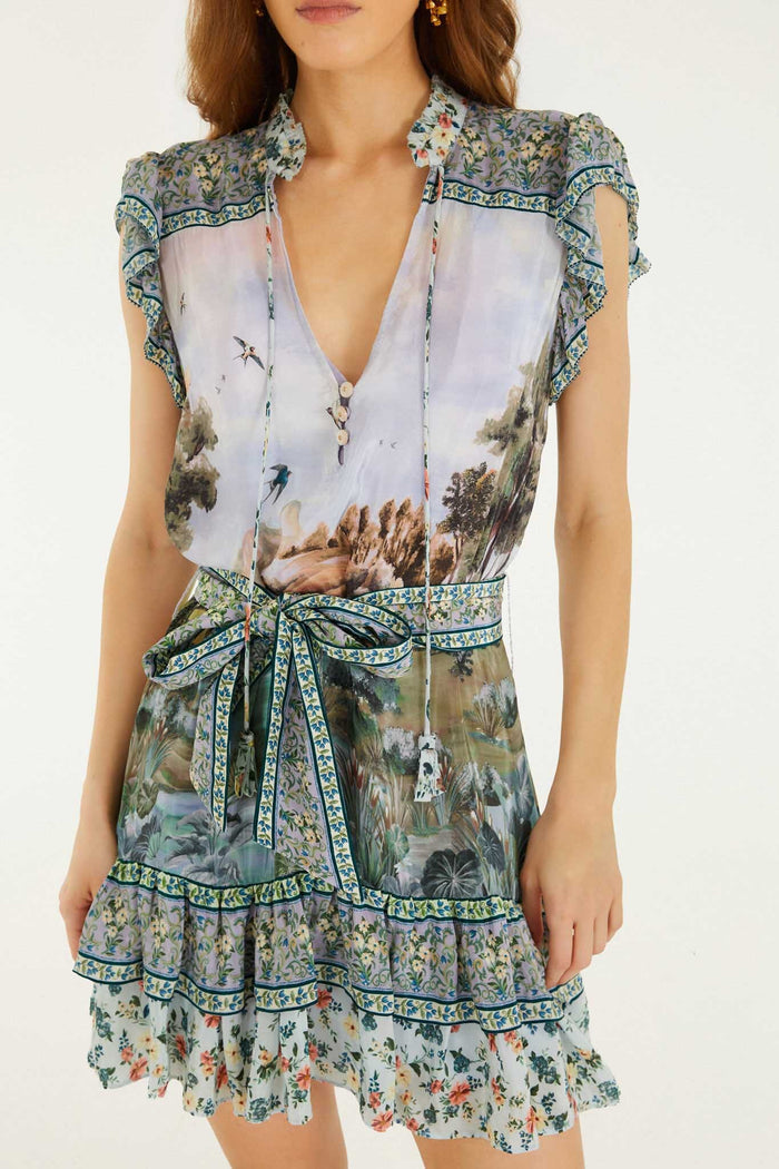 FARM Rio model wearing the Multicolor Countryside Landscape Belted Ruffled Mini Dress