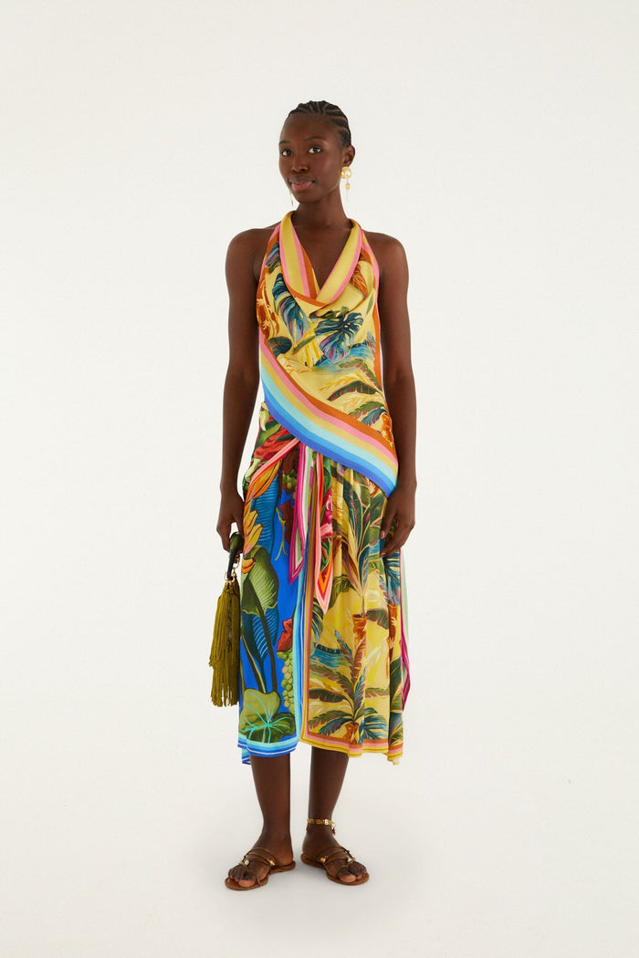 FARM Rio model wearing the Multicolor Rainbow Summer Mixed Scarves Lenzing Ecovero Viscose Midi Skirt