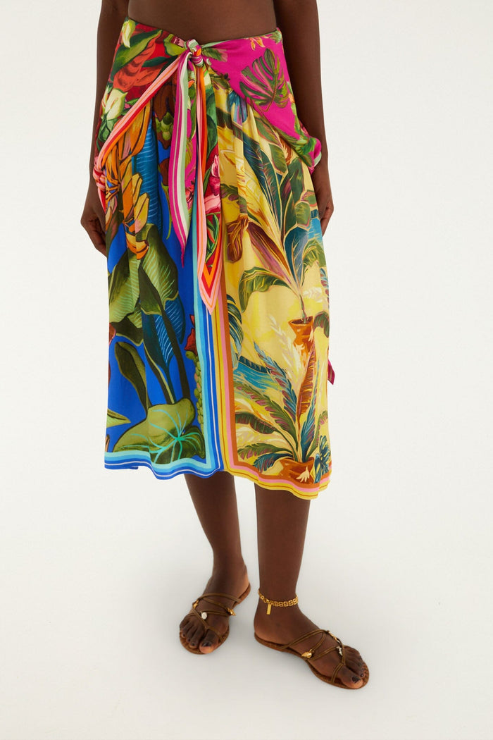 FARM Rio model wearing the Multicolor Rainbow Summer Mixed Scarves Lenzing Ecovero Viscose Midi Skirt