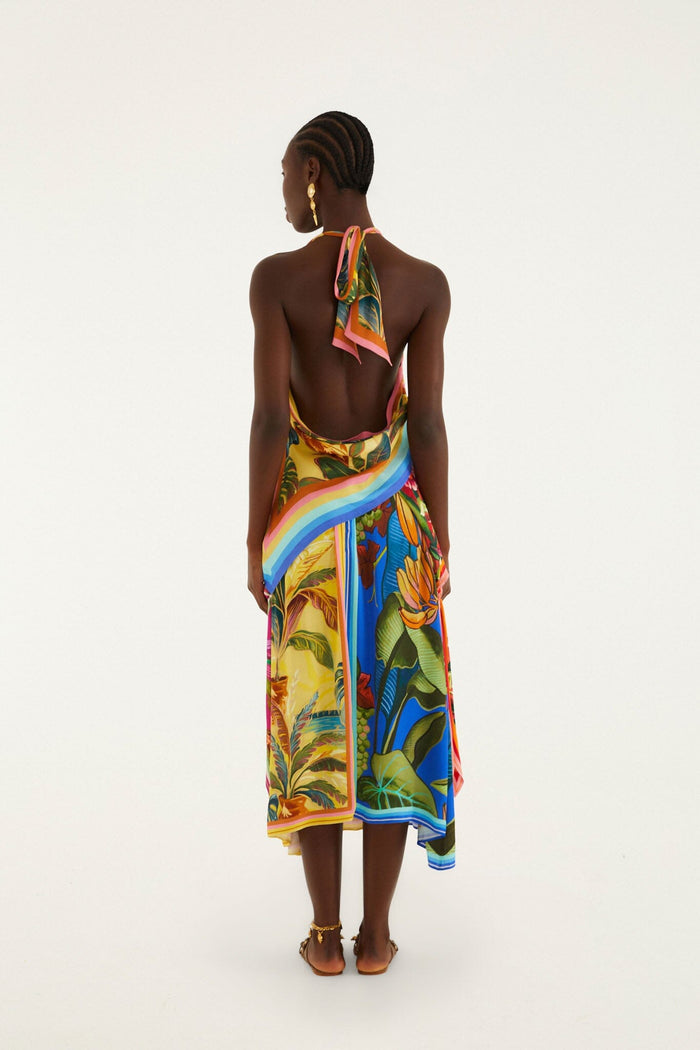 FARM Rio model wearing the Multicolor Rainbow Summer Mixed Scarves Lenzing Ecovero Viscose Midi Skirt