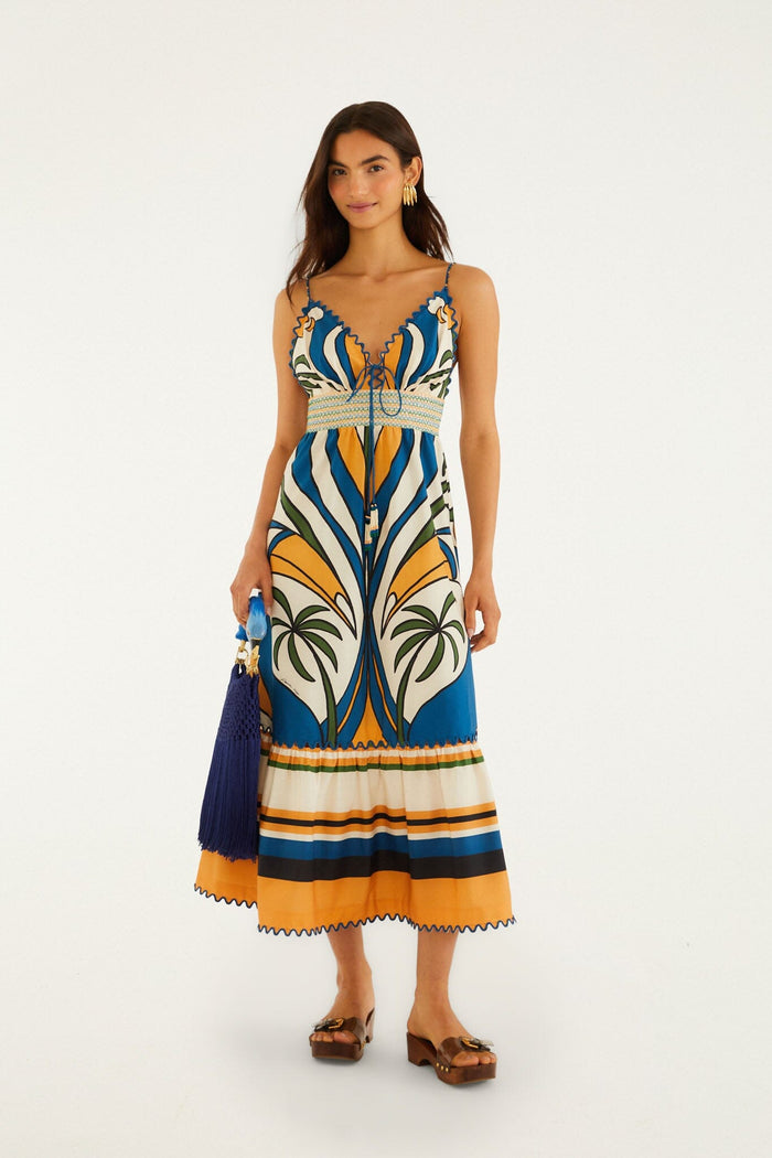 FARM Rio model wearing the Multicolor Tropical Graphic Wavy Detail Maxi Dress