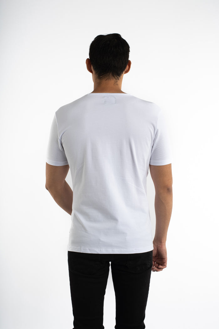 Rear view of a man in the white My Rules Graphic Streetwear Tee, featuring a modern crewneck fit and clean aesthetic.