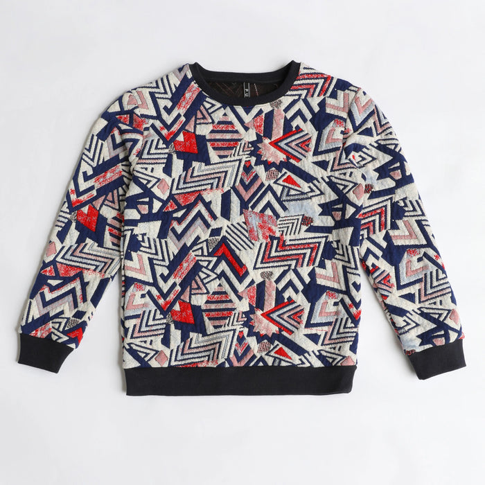 Nanica boys navy, red and grey geometric sweatshirt, front flat lay