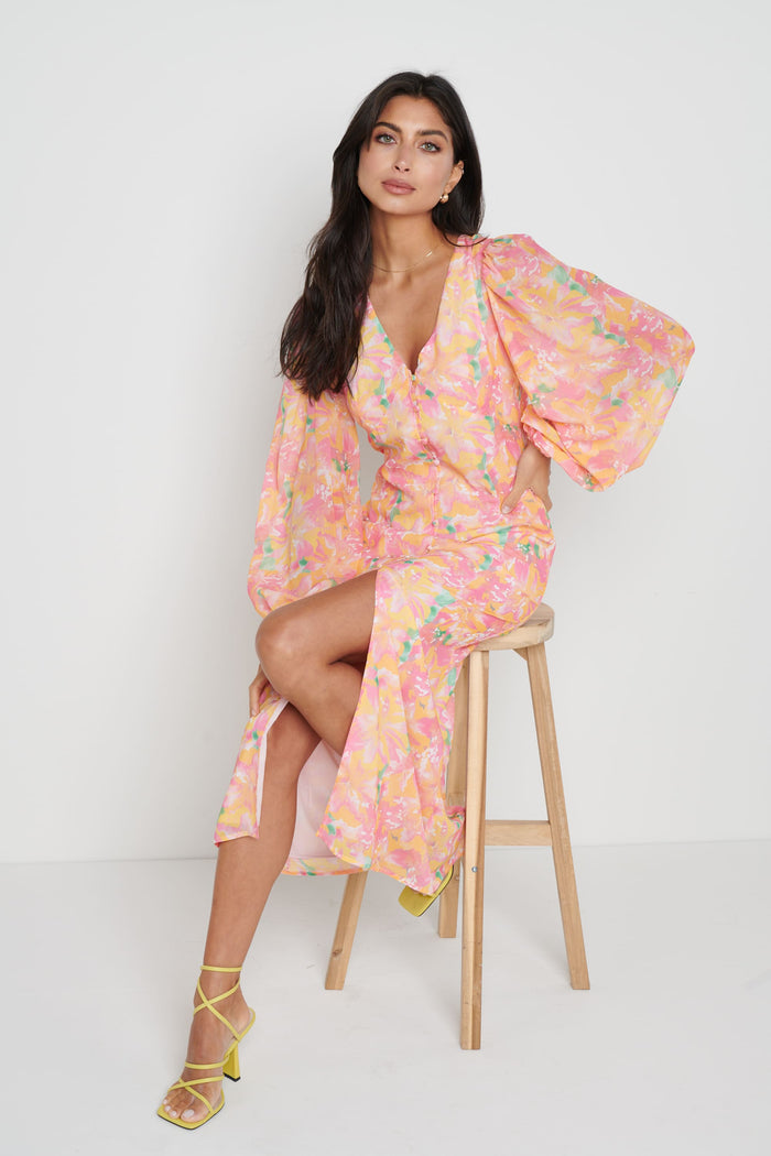Lygia Is 5'9" & Wears Size UK 8|Naya Midaxi Dress - Orange and Pink Floral