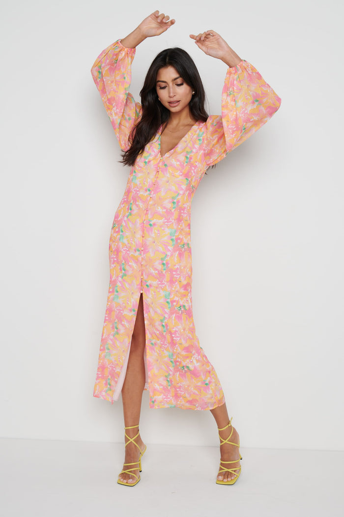 Lygia Is 5'9" & Wears Size UK 8|Naya Midaxi Dress - Orange and Pink Floral