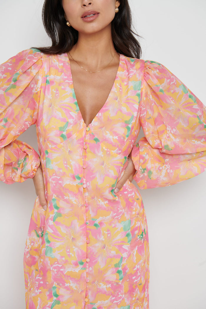 Lygia Is 5'9" & Wears Size UK 8|Naya Midaxi Dress - Orange and Pink Floral