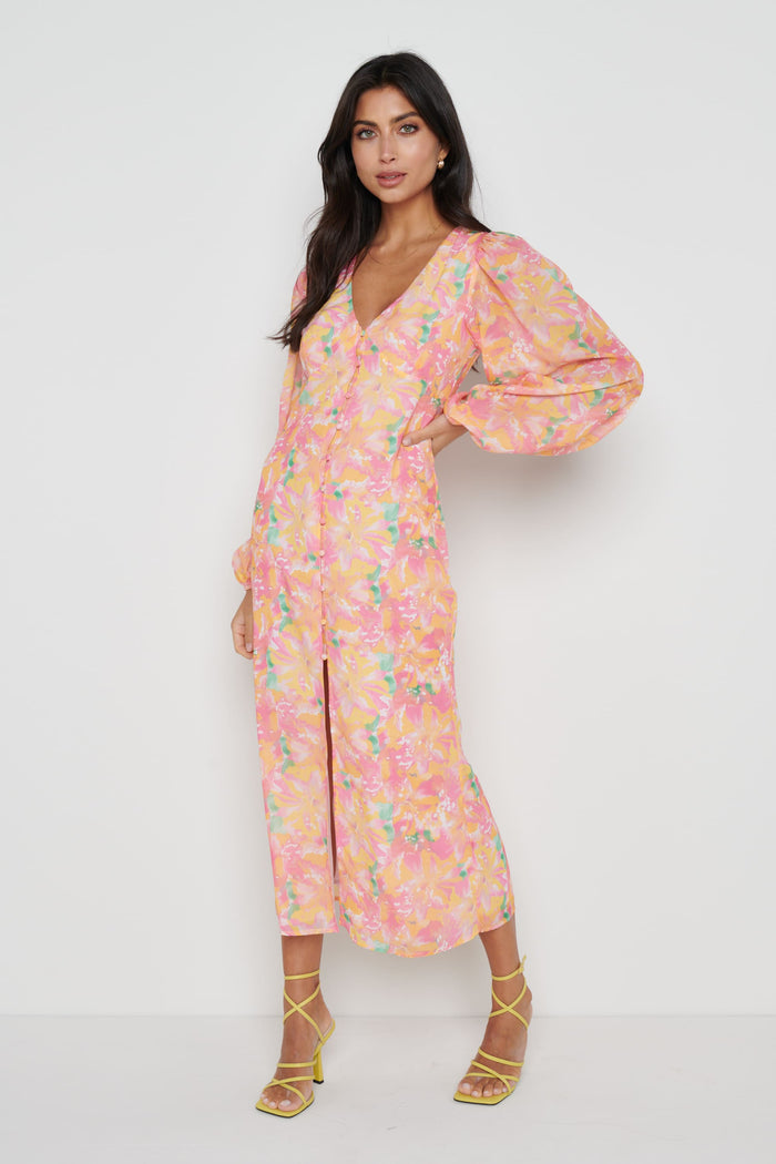 Lygia Is 5'9" & Wears Size UK 8|Naya Midaxi Dress - Orange and Pink Floral