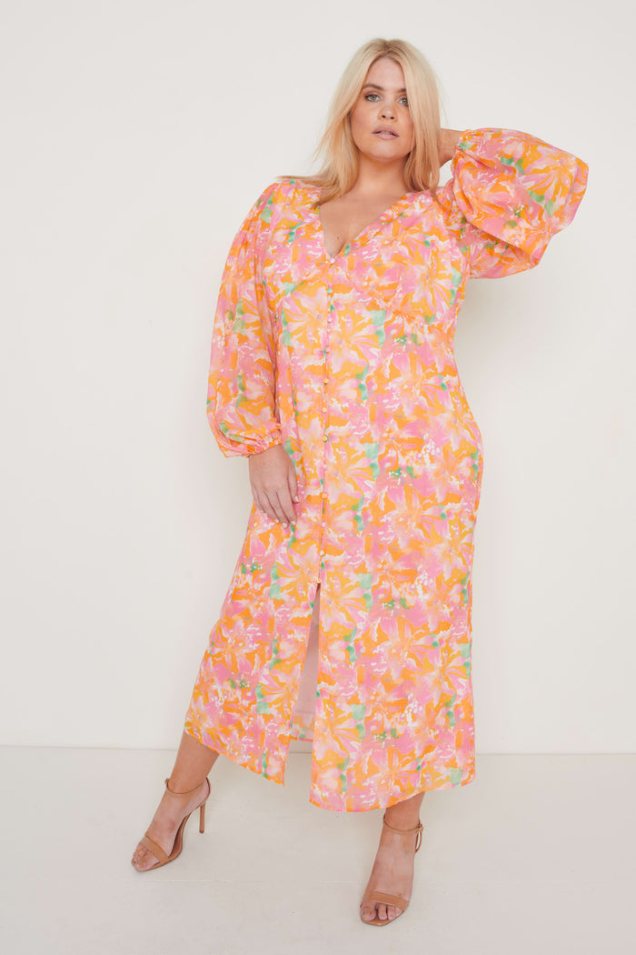 Lygia Is 5'9" & Wears Size UK 8|Naya Midaxi Dress - Orange and Pink Floral