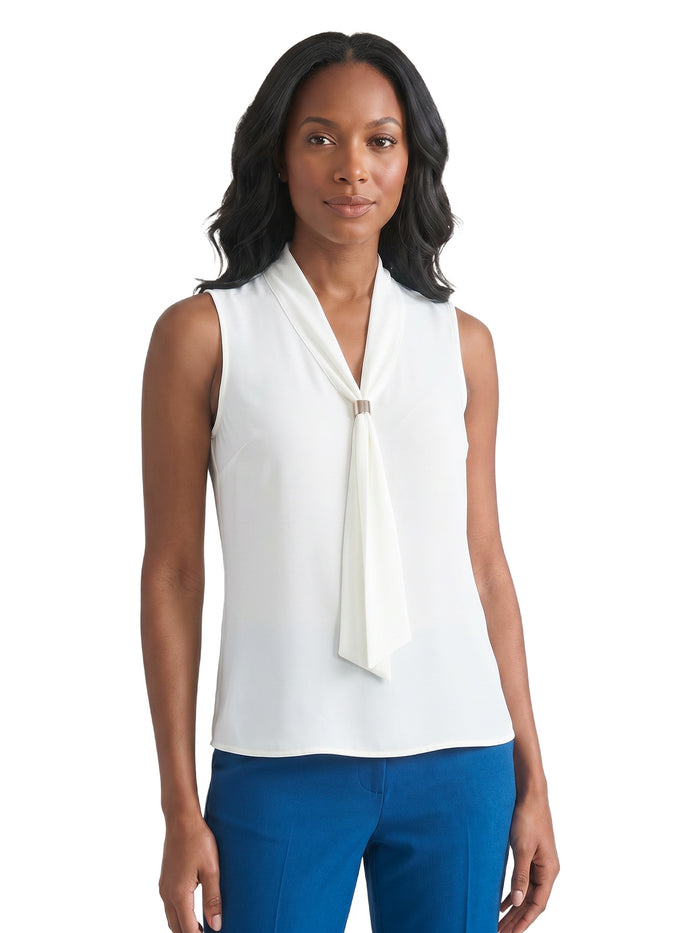 Petite Neck Tie Sleeveless Top, Everyday Knit, Vanilla Ice | Kasper