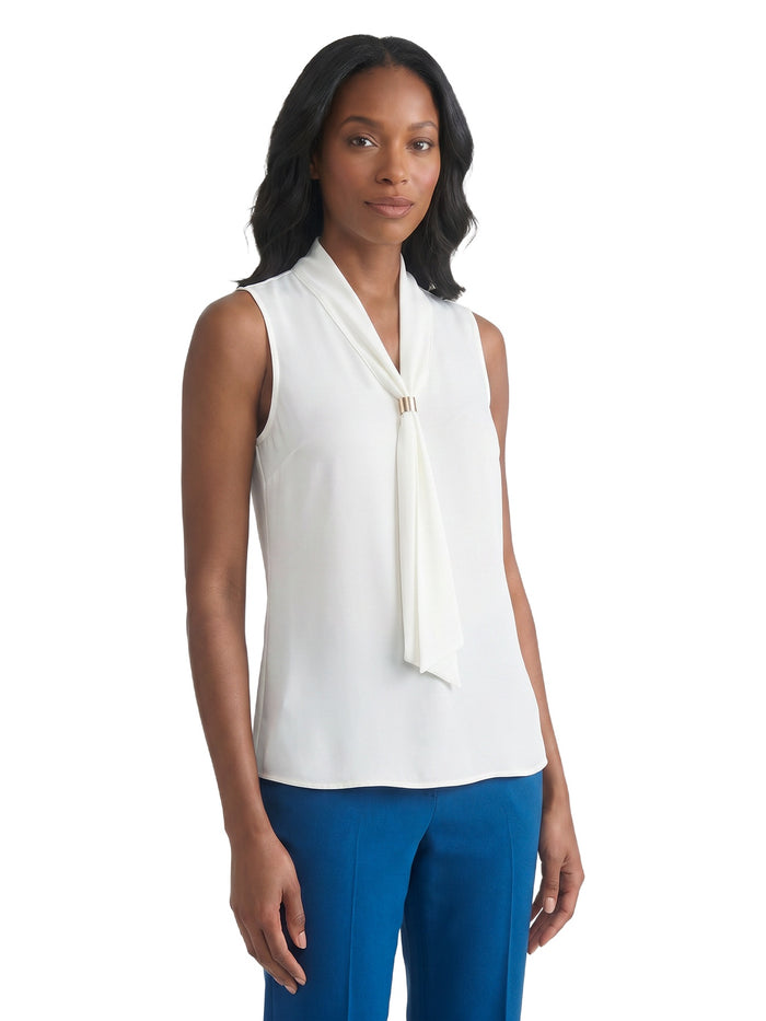 Petite Neck Tie Sleeveless Top, Everyday Knit, Vanilla Ice | Kasper