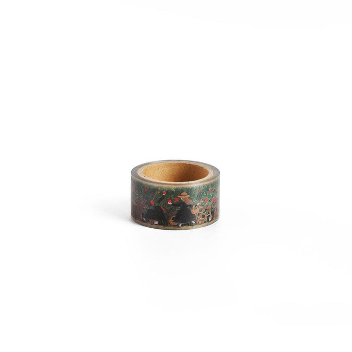 Roll of decorative transparent washi tape with apple picking orchard illustration on white background