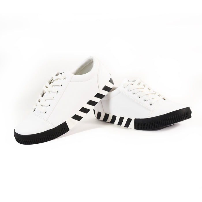 Urban Edge Off-Sneakers in white featuring black striped midsoles and textured rubber toe caps for a streetwear aesthetic.