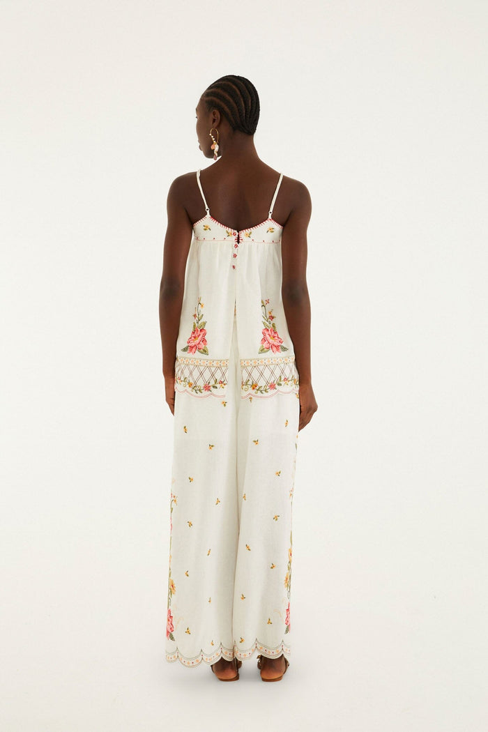 FARM Rio model wearing the Pff-White Flower Embroidery Wide-Leg Pants
