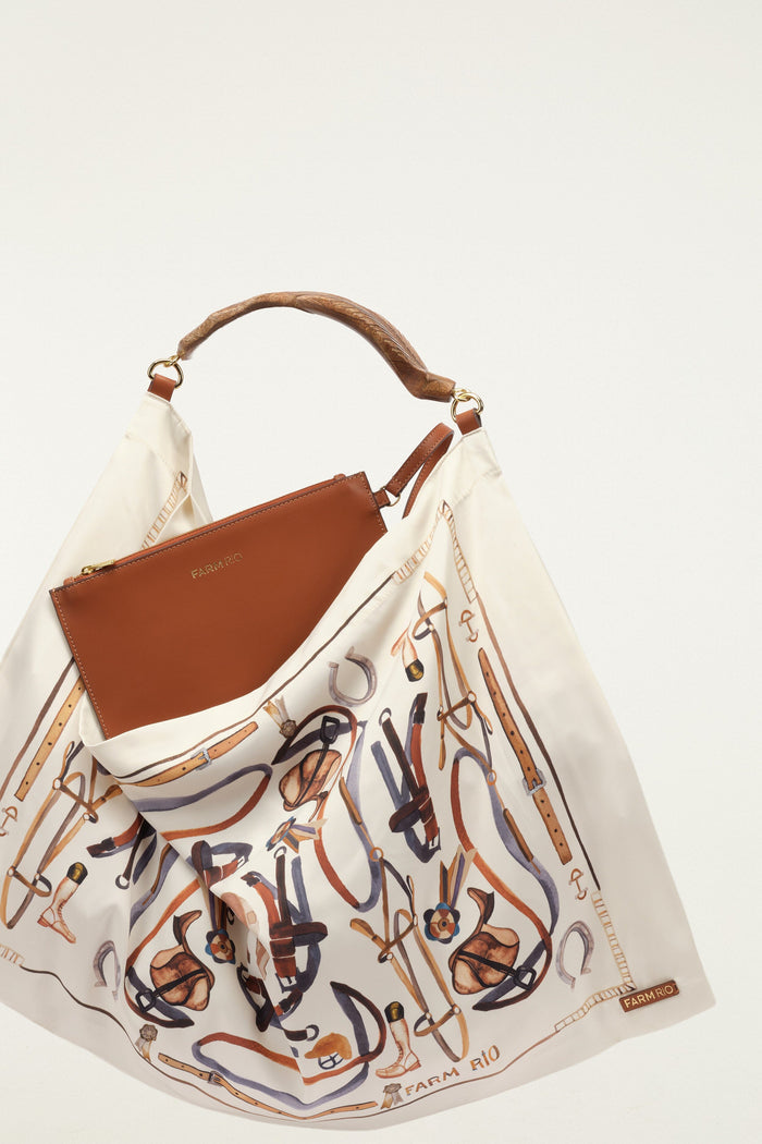 FARM Rio model wearing the Off-White Horses Satin Medium Scarf Bag