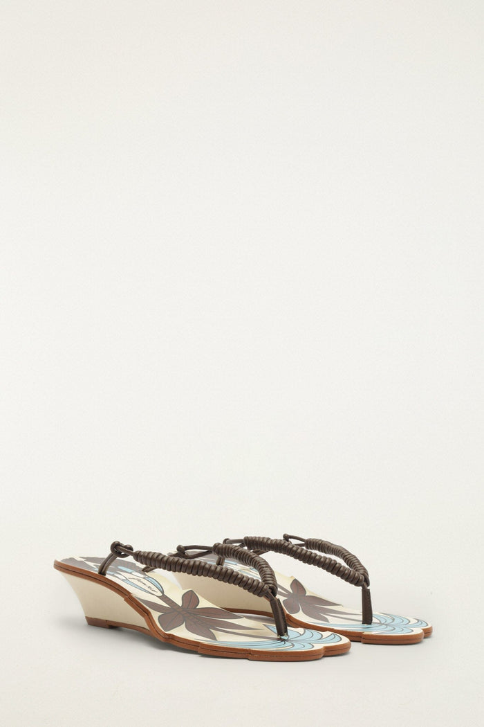 FARM Rio model wearing the Off-White Palm Tree Cutwork Wedge Sandal