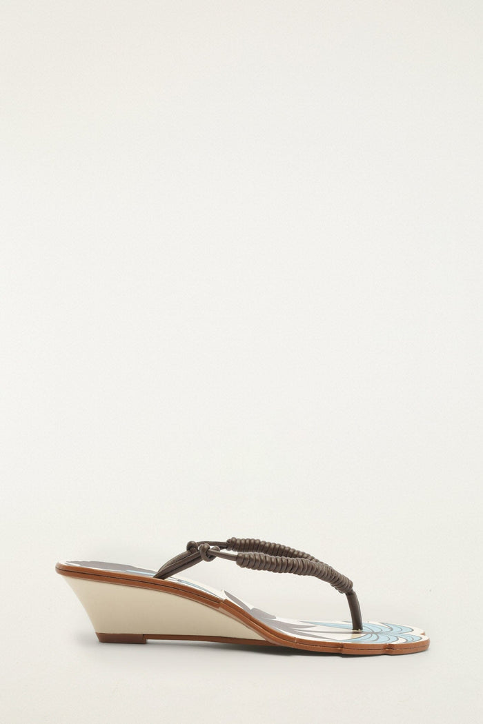 FARM Rio model wearing the Off-White Palm Tree Cutwork Wedge Sandal