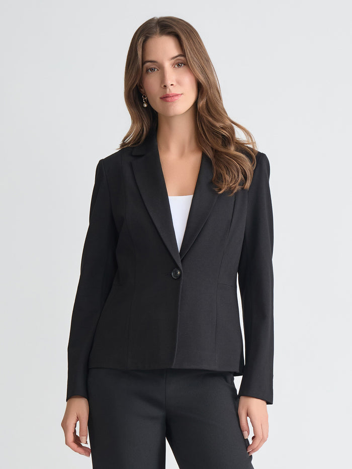 Plus One Button Blazer, Compression Suiting, Black | Kasper