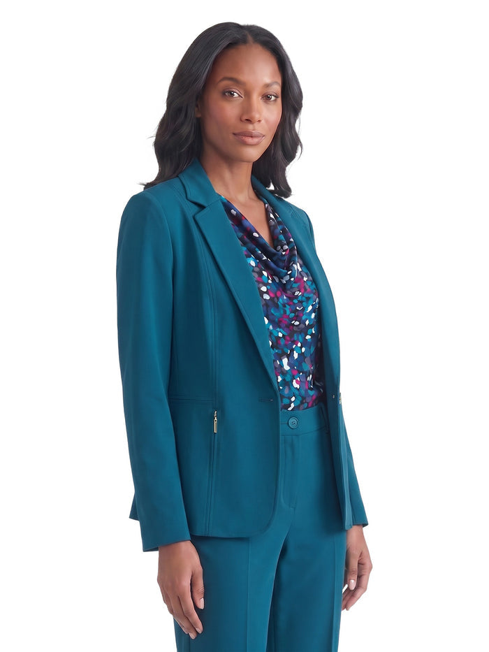 One Button Blazer, Compression Suiting, Bottle Teal | Kasper