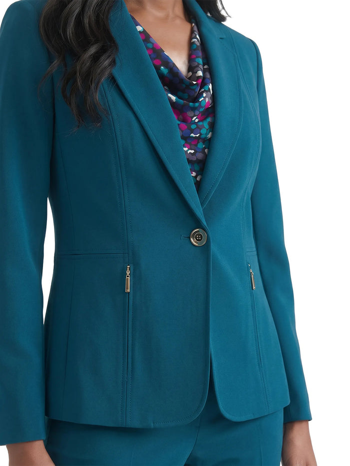 One Button Blazer, Compression Suiting, Bottle Teal | Kasper