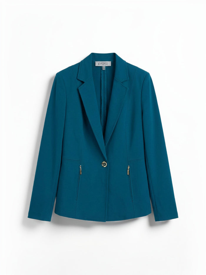 One Button Blazer, Compression Suiting, Bottle Teal | Kasper