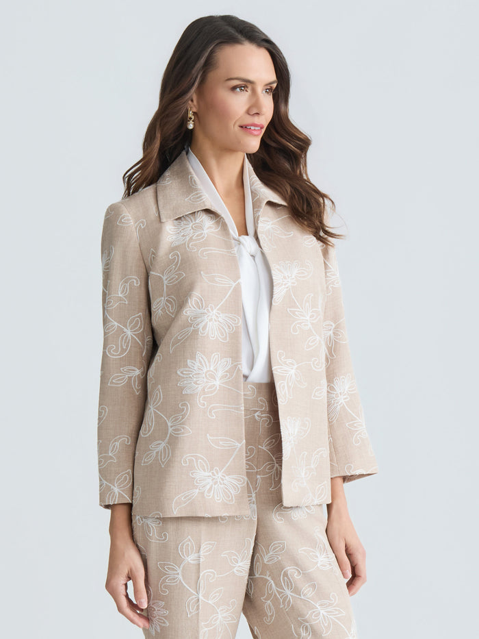 Plus Open Front Embroidered Jacket, Straw Melange/White | Kasper