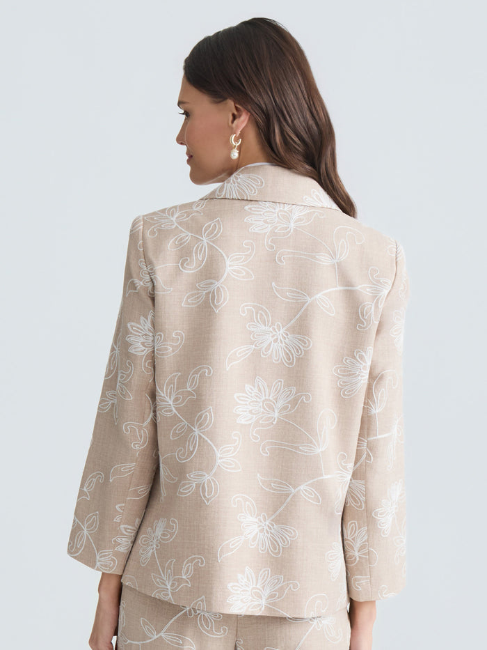 Plus Open Front Embroidered Jacket, Straw Melange/White | Kasper