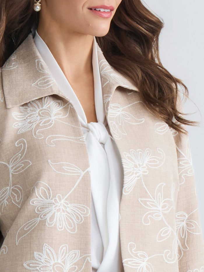 Plus Open Front Embroidered Jacket, Straw Melange/White | Kasper