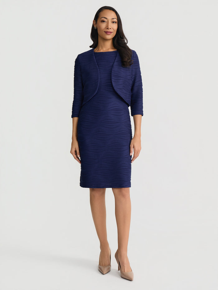 Open Front Shrug, Pintuck Wave Knit, Kasper Navy | Kasper