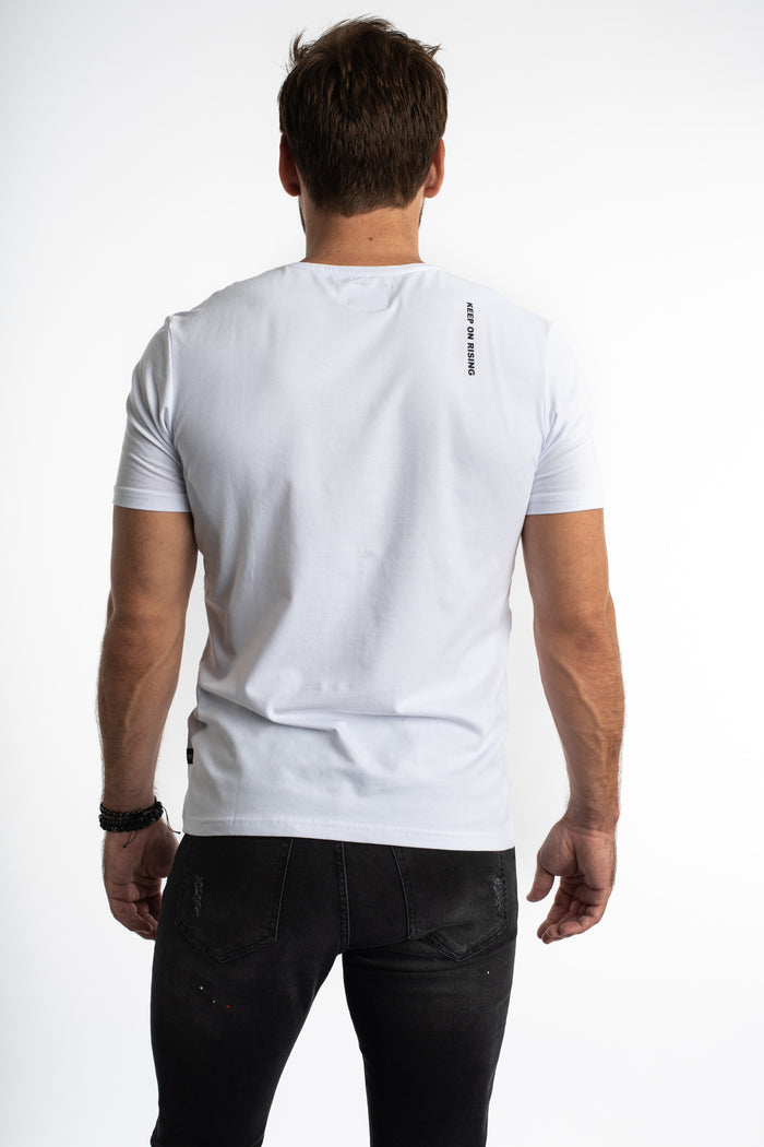 Back view of the Painted King white graphic streetwear t-shirt with Keep On Rising text on the shoulder.