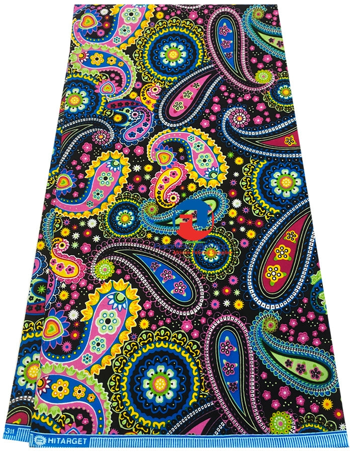 A vibrant multicolored African wax print fabric featuring a paisley pattern.