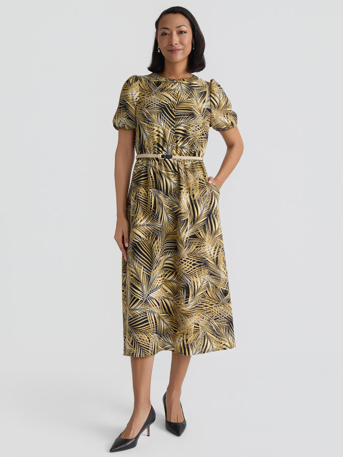Plus Palm Print Belted Shirt Dress, Black Palm Multi | Kasper