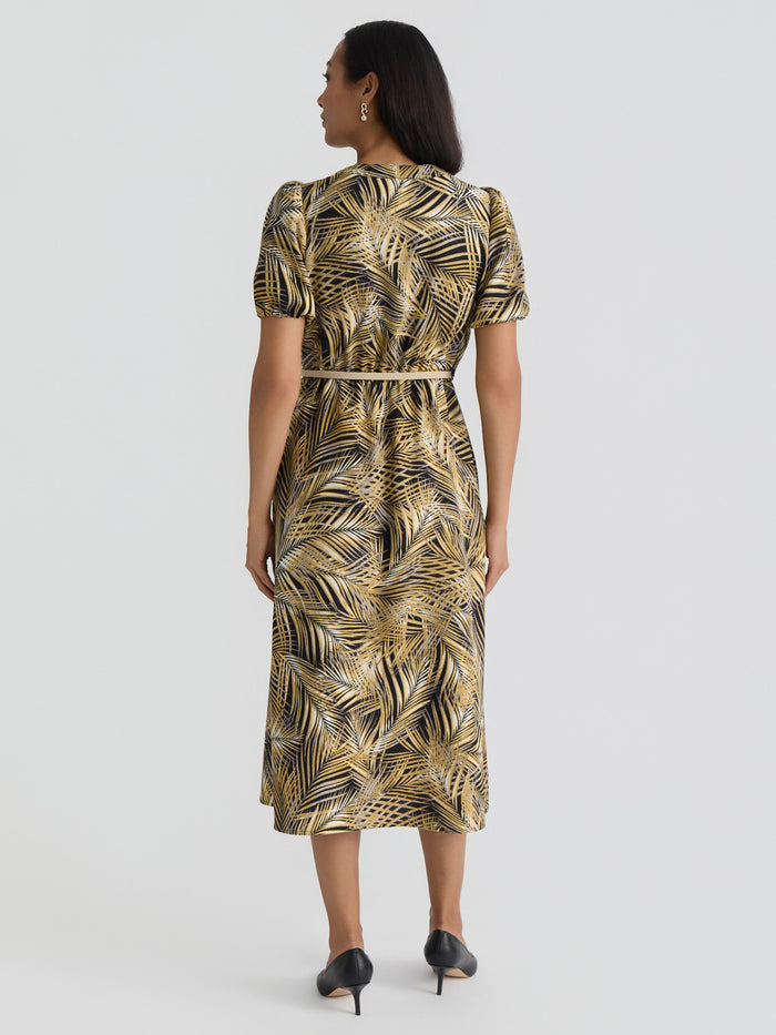 Plus Palm Print Belted Shirt Dress, Black Palm Multi | Kasper