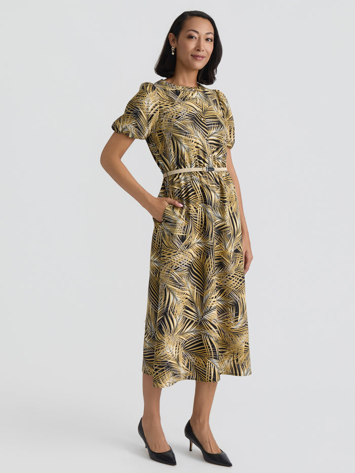 Plus Palm Print Belted Shirt Dress, Black Palm Multi | Kasper