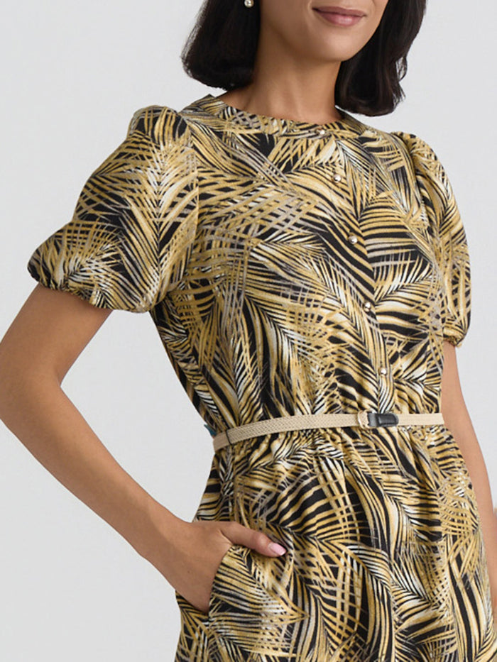 Plus Palm Print Belted Shirt Dress, Black Palm Multi | Kasper