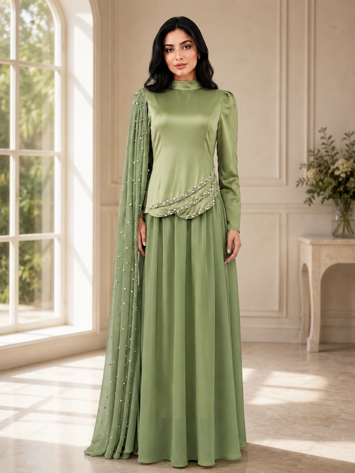 Pearl Drape Maxi Dress - Sage