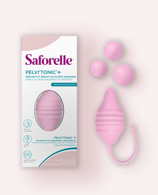 Dispositif médical pelvien présentation emballage Boîte du Pelvitonic+ Saforelle  et produit œuf vaginal rose pour rééducation périnéale simple d'utilisation, prévention et réduction des fuites urinaires.