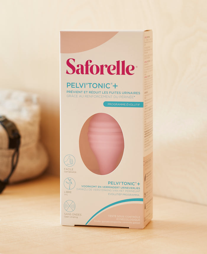 Boîte du Pelvitonic+ Saforelle contenant un œuf vaginal rose pour rééducation périnéale simple d'utilisation, prévention et réduction des fuites urinaires